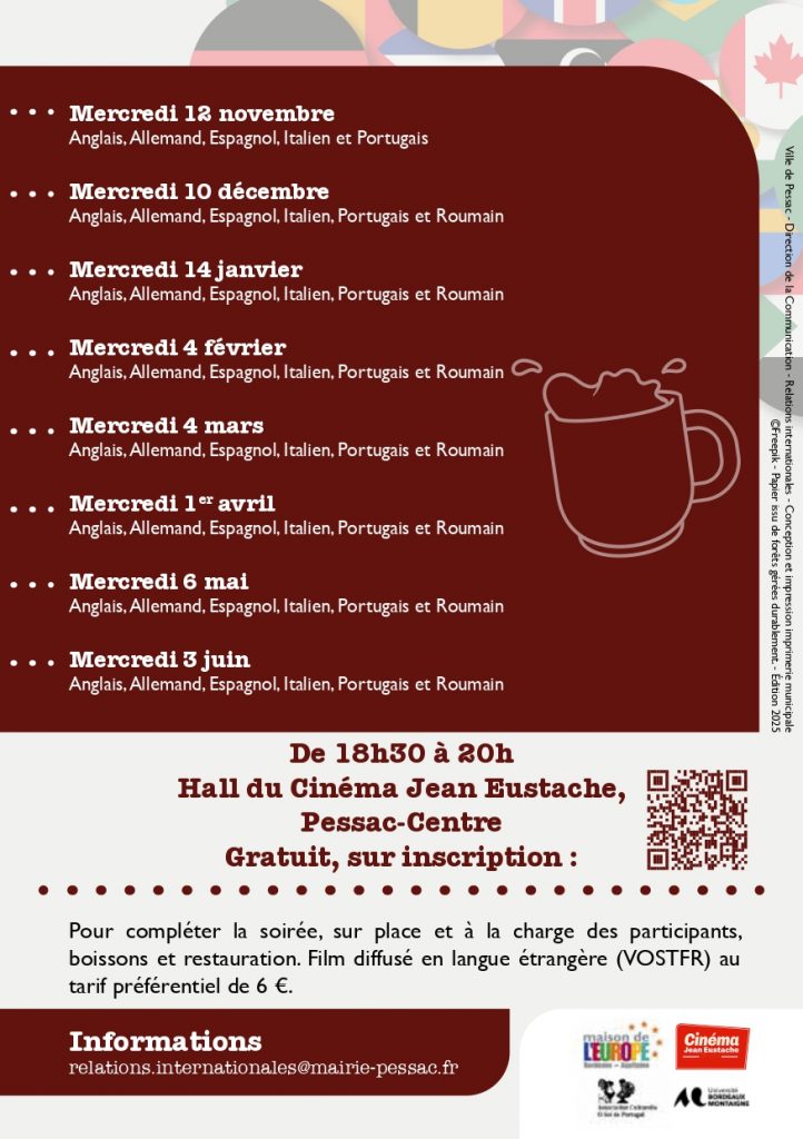 Calendrier 2025 2026 des Cafés linguistiques Pessac au cinéma Jean Eustache